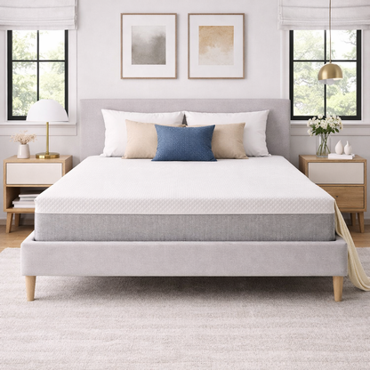 Bedroom with a bed featuring a gray mattress and white bedding, flanked by two nightstands.
