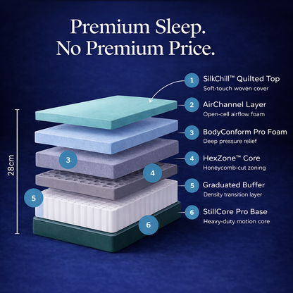Layered mattress structure with labeled components on a blue background