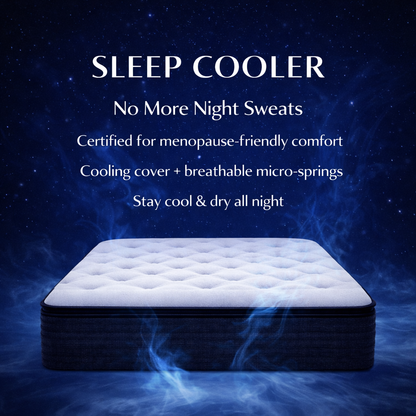 Mattress with cooling cover on a dark background with text about menopause-friendly comfort.